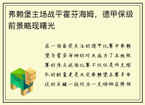 弗赖堡主场战平霍芬海姆，德甲保级前景略现曙光